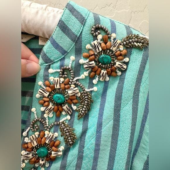 SOFT SURROUNDINGS | Turquoise Striped Embroidered Beaded Boho Tunic Top | Medium - Picture 4 of 8
